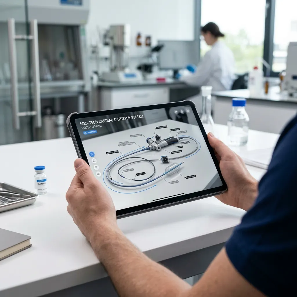 A man's clean hands holding a tablet showing a 3D medical device model in AR, placed on a clean white lab table.