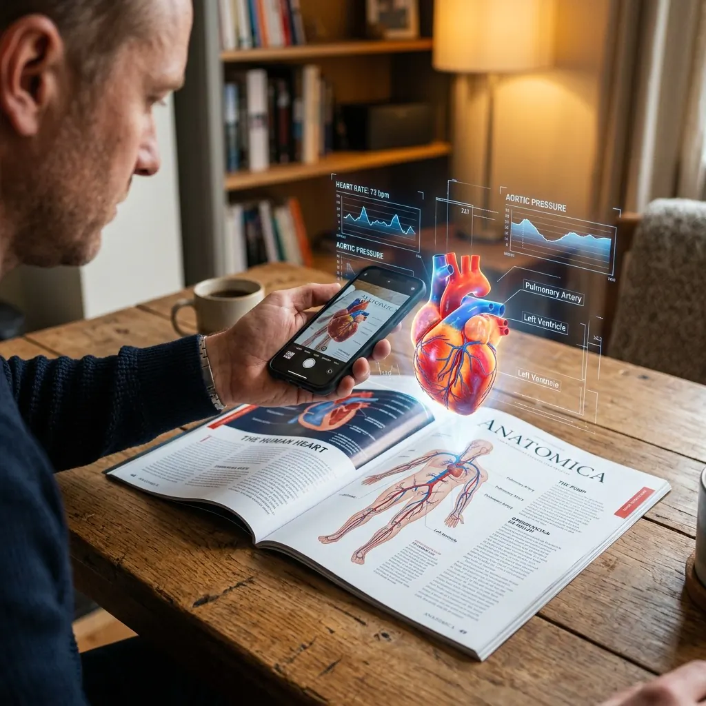 Man scanning an anatomy textbook with a phone showing a 3D holographic heart floating above the page.